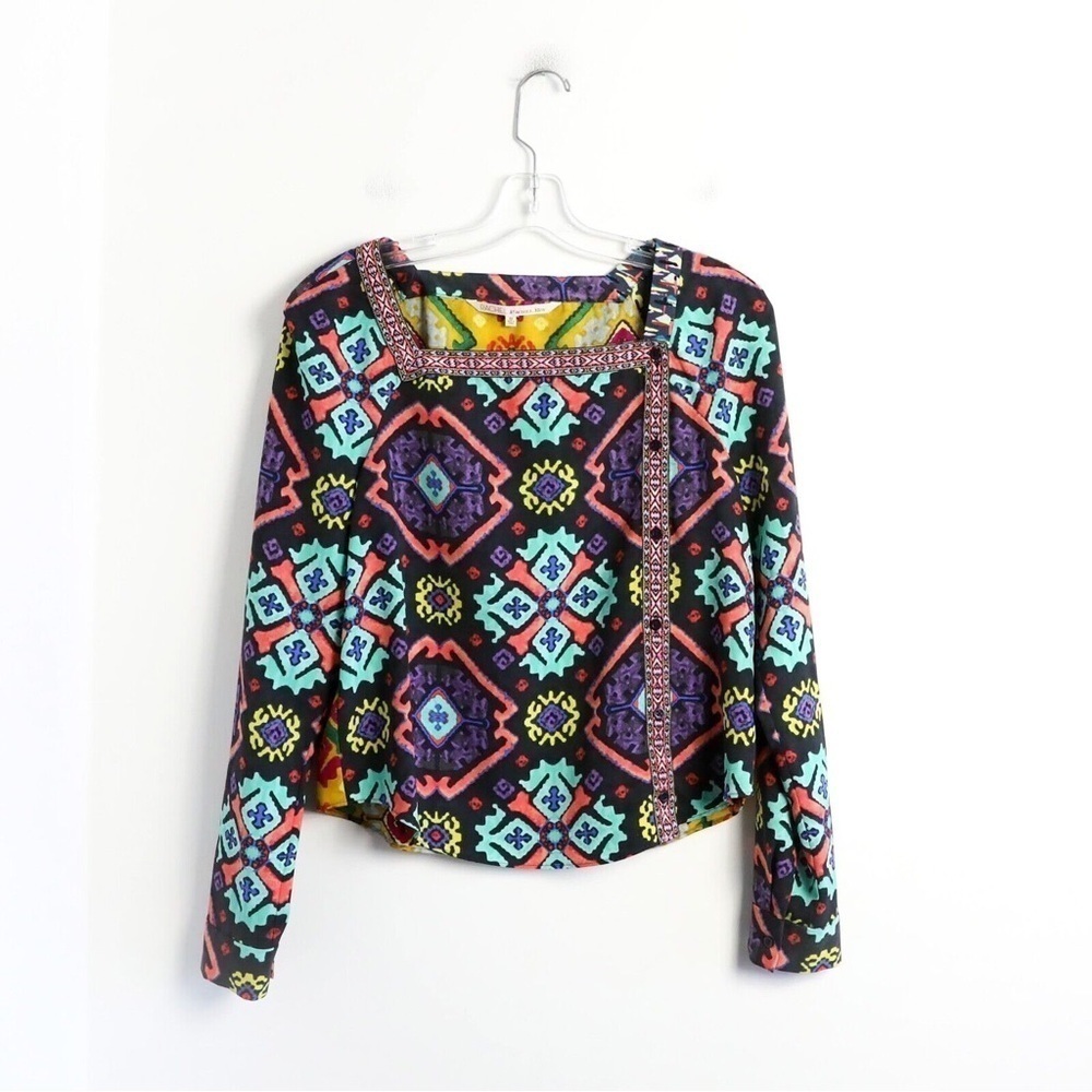 NWOT Rachel Roy ethnic Moroccan print mixed fabric top colourful blouse M medium